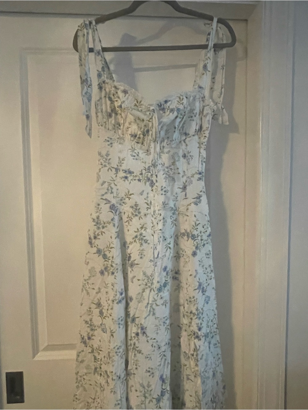 Floral Tie-Shoulder Midi Dress in Cream and Blue
